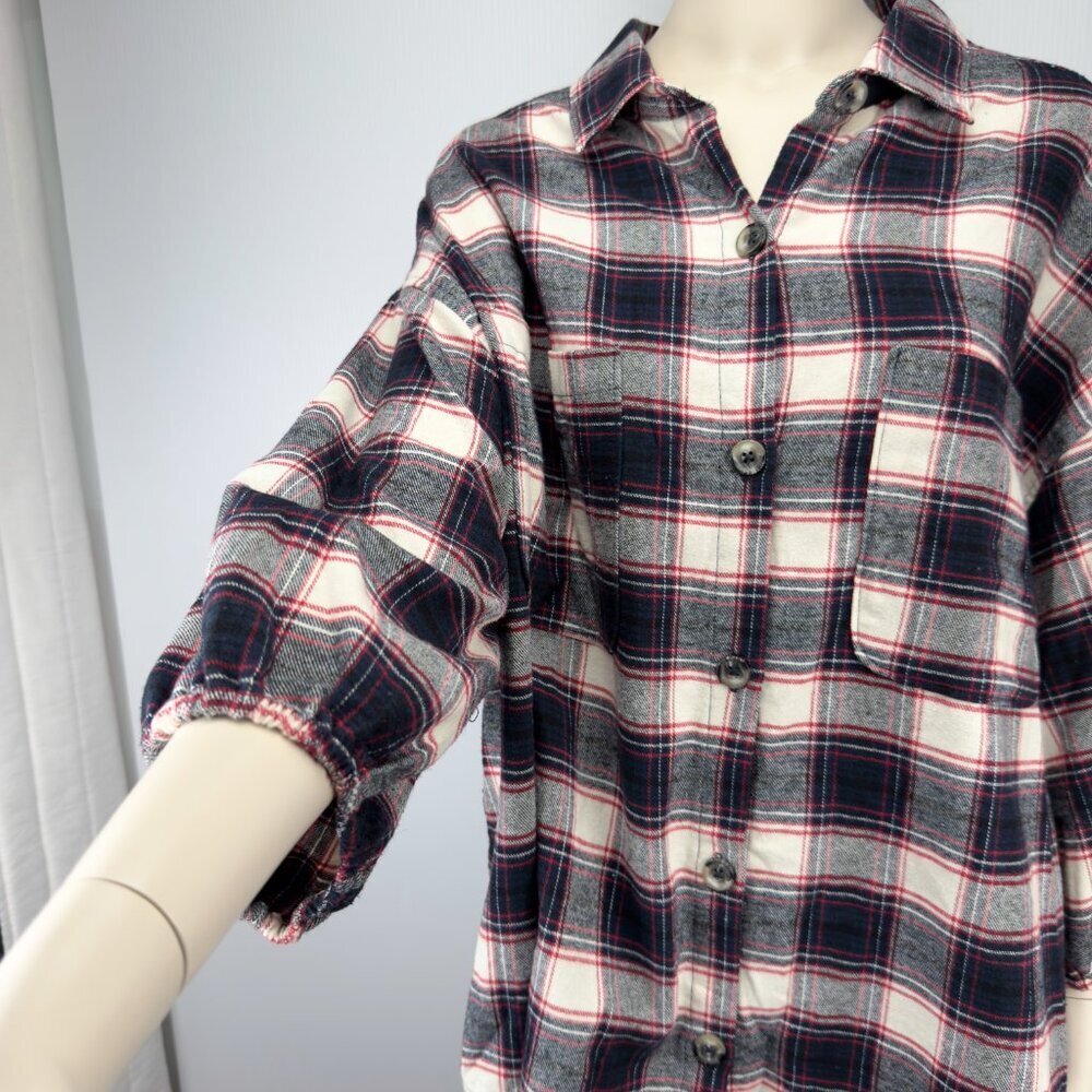 HARVE BENARD Plaid Red White‎ Black & Blue Button Up 3/4 Sleeves Shirt Size XL - Picture 3 of 9